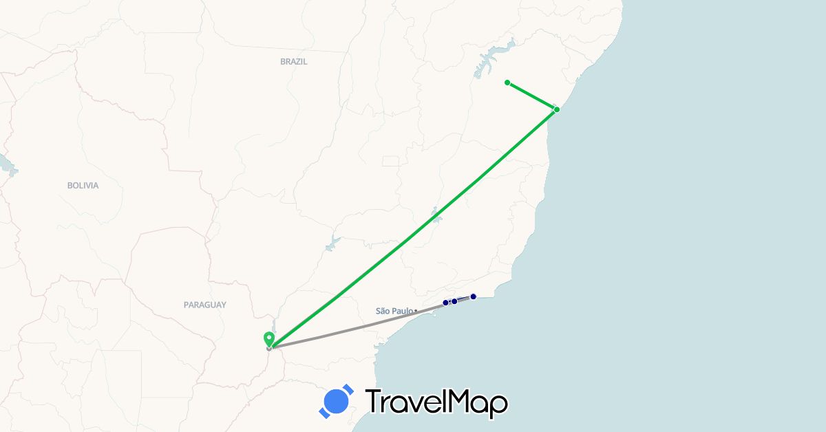 TravelMap itinerary: driving, bus, plane in Brazil (South America)